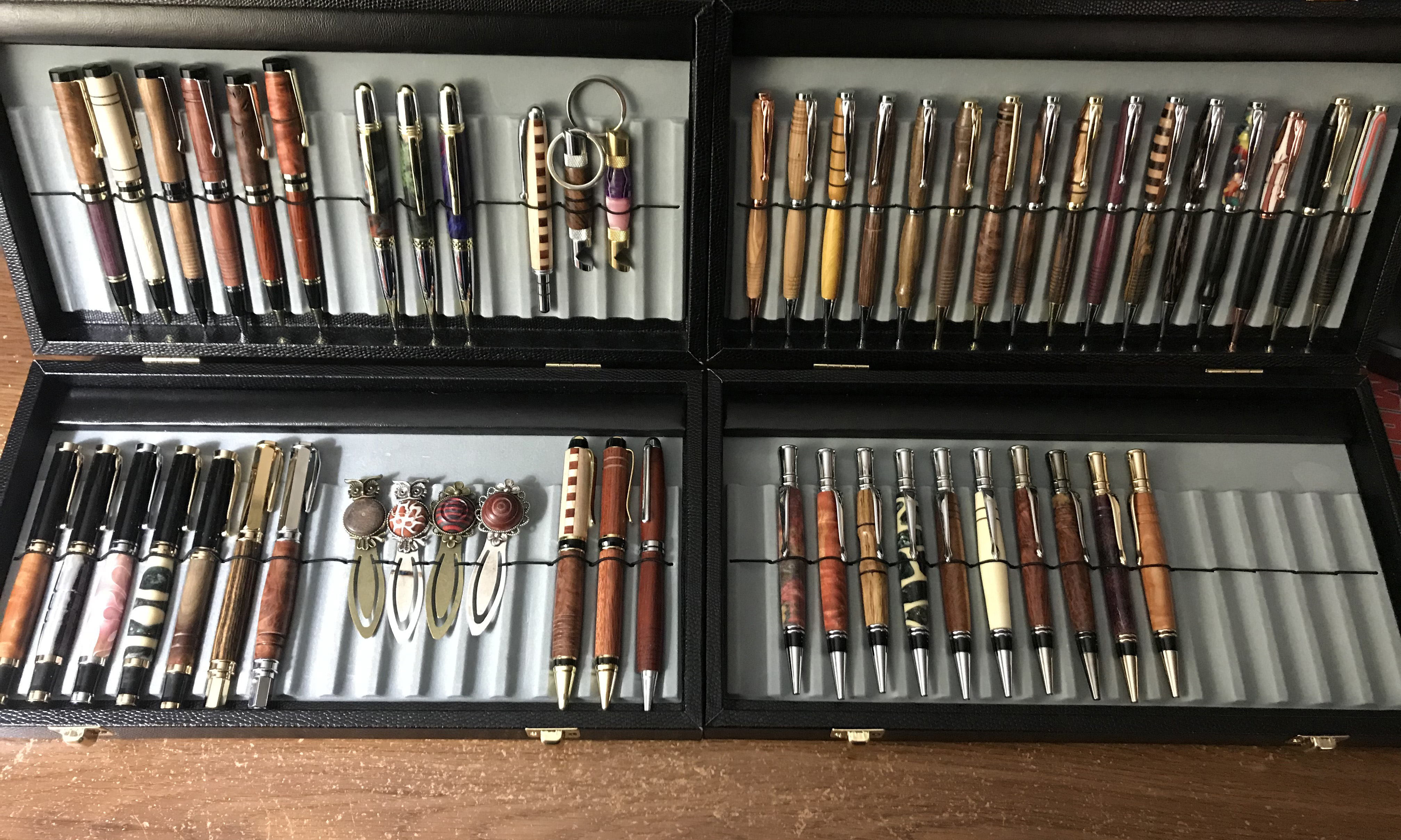 mobil display cases with pens and other fun things in them